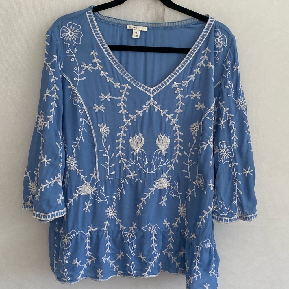 Cato XL Blue Embellished Blouse with Relaxed 3/4 Sleeves